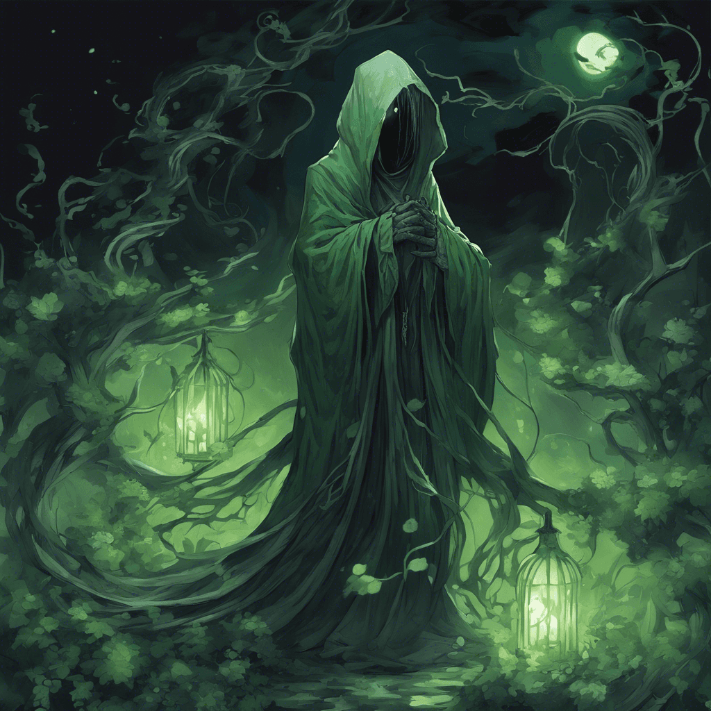 A wispy figure lurks in the shadows of the moonlit garden, shrouded in dark tattered robes that flutter in the night wind. Its eyes are hollow, glowing with an eerie green light, and tendrils of shadow curl around its form.