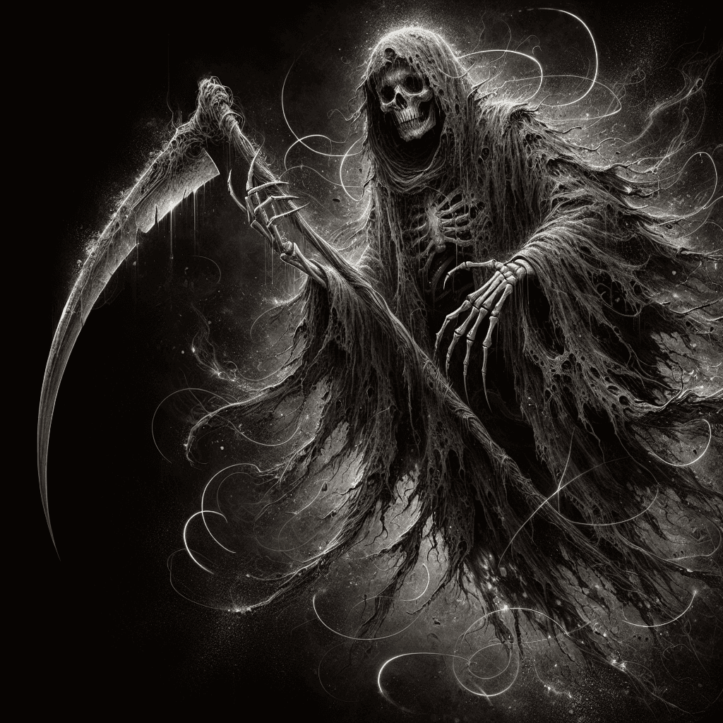 A towering figure draped in tattered robes and plagued with the aura of decay. Skeletal hands protrude from its sleeves as it floats above the ground, a scythe clasped in its bony grip. Flickers of dark energy surge around its form, suggesting a power to siphon life itself.