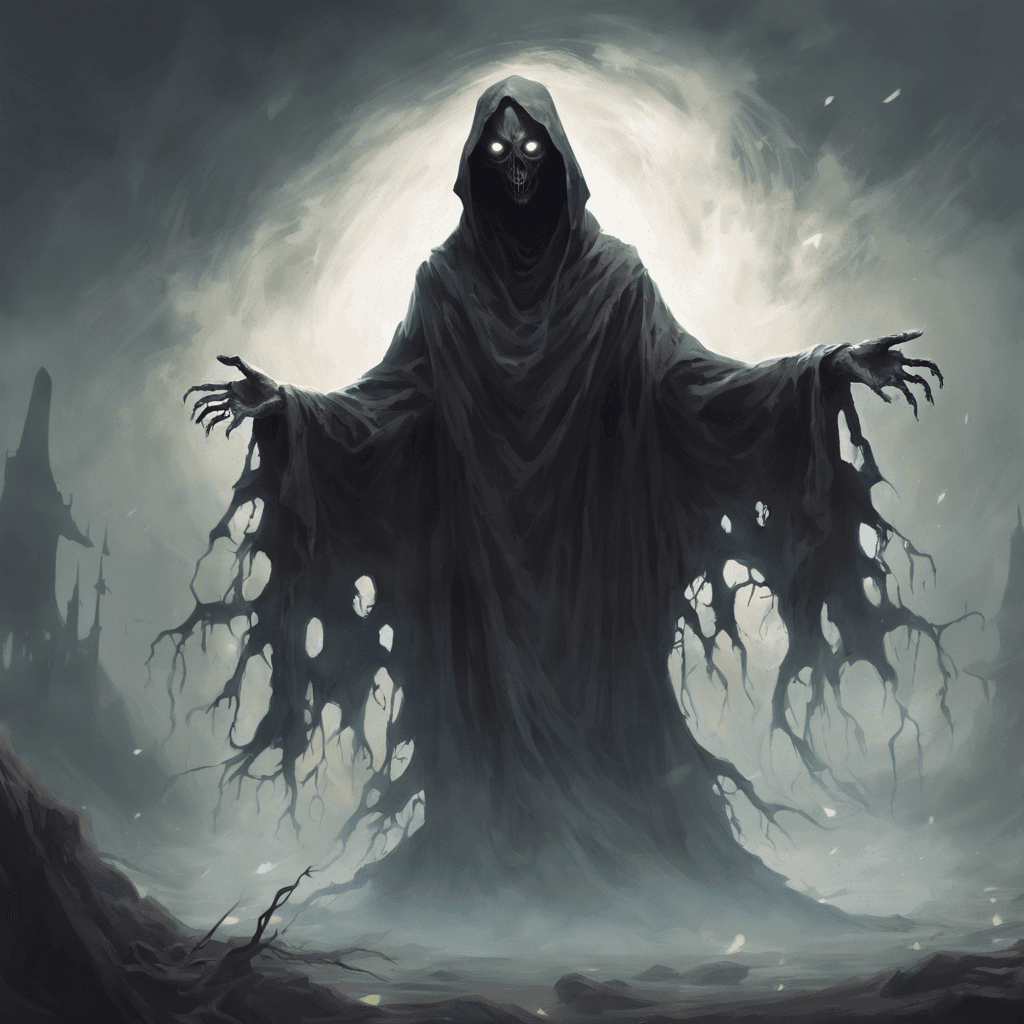 A ghastly specter with tattered robes floating above the ground, its eyes a deep void and hands crackling with temporal energy.