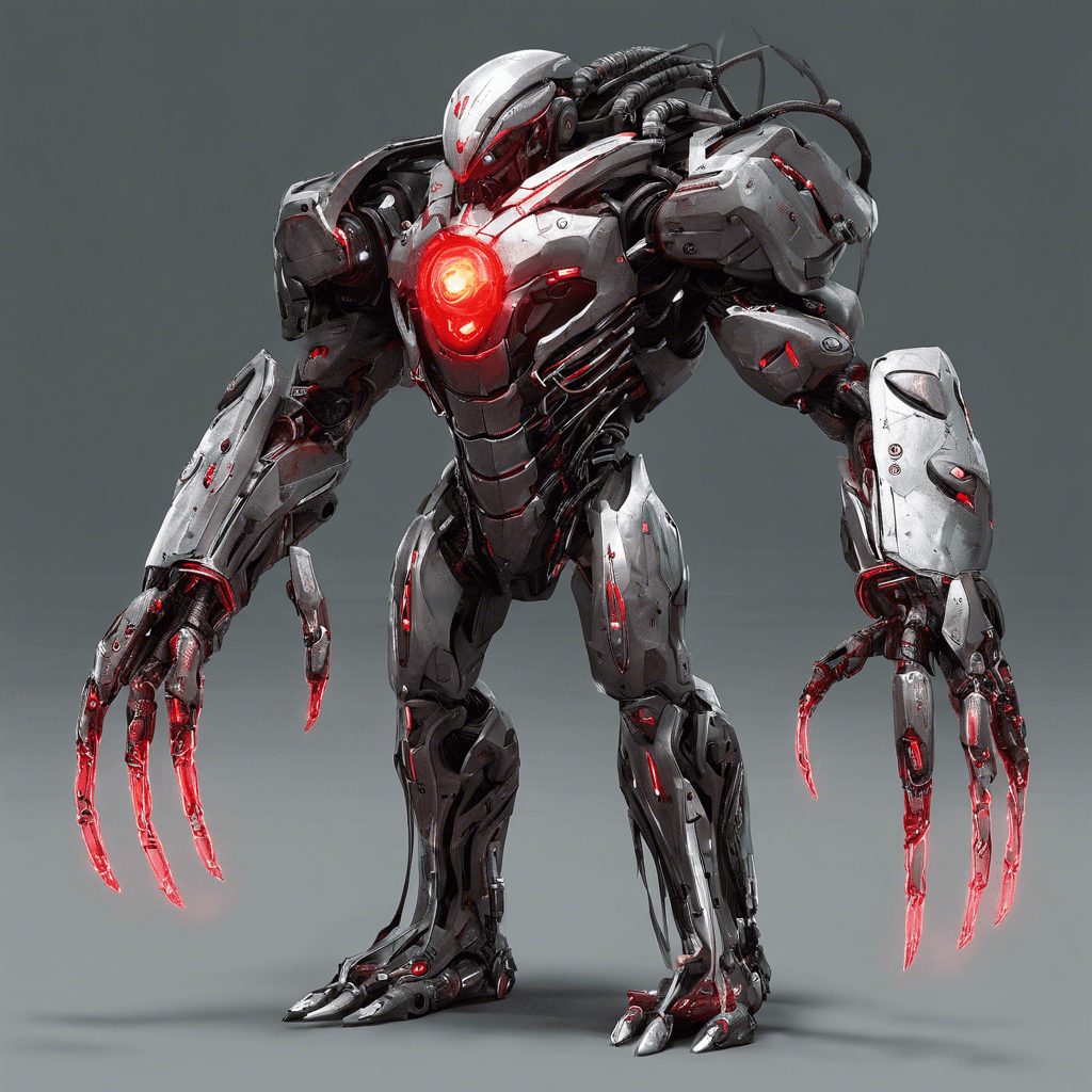 The Cyber-Reaver looms over with a towering stance, augmented with various cyborg enhancements. Its eyes radiate a piercing red glow from beneath a heavy metal visor. Razor-sharp cybernetic limbs protrude from its back, wired into a tangled mass of tech and sinew.