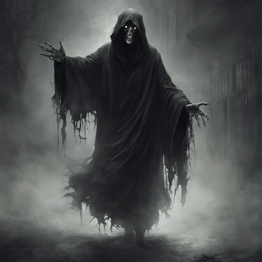 The Specter of the Manor is a ghastly figure clad in tattered black robes, its pale hands reaching out with an otherworldly chill. Its hollow eyes glow with a sinister light, and a cold mist surrounds its form, making it appear as if it's neither fully present nor fully gone.