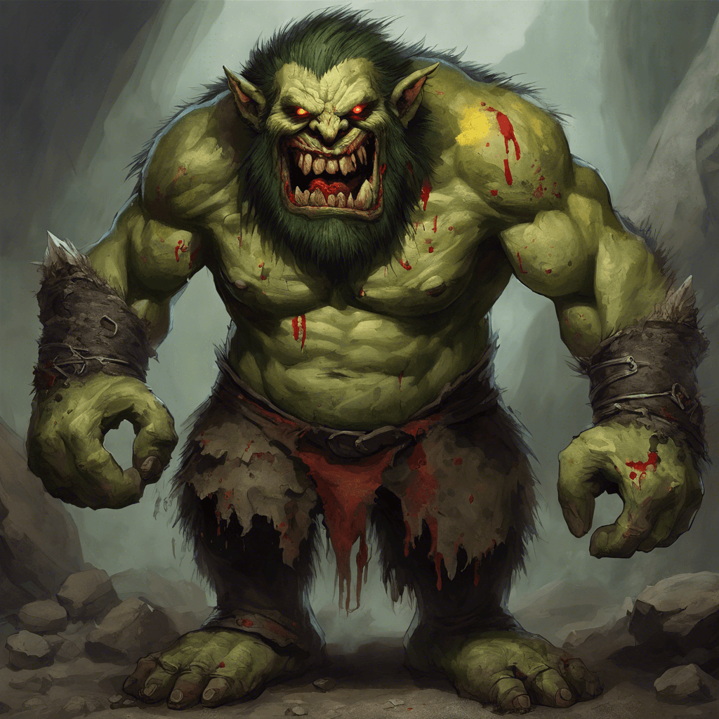 A hulking troll with warty green skin, blood-red eyes, and jagged yellow teeth. It carries a crude stone club and wears tattered remnants of what might have been clothing long ago.