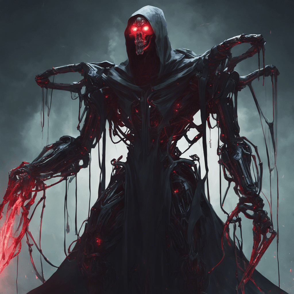 A towering figure cloaked in a dark exoskeleton with crimson glowing eyes and cybernetic arms, carrying a monomolecular scythe that hums with a deathly promise.