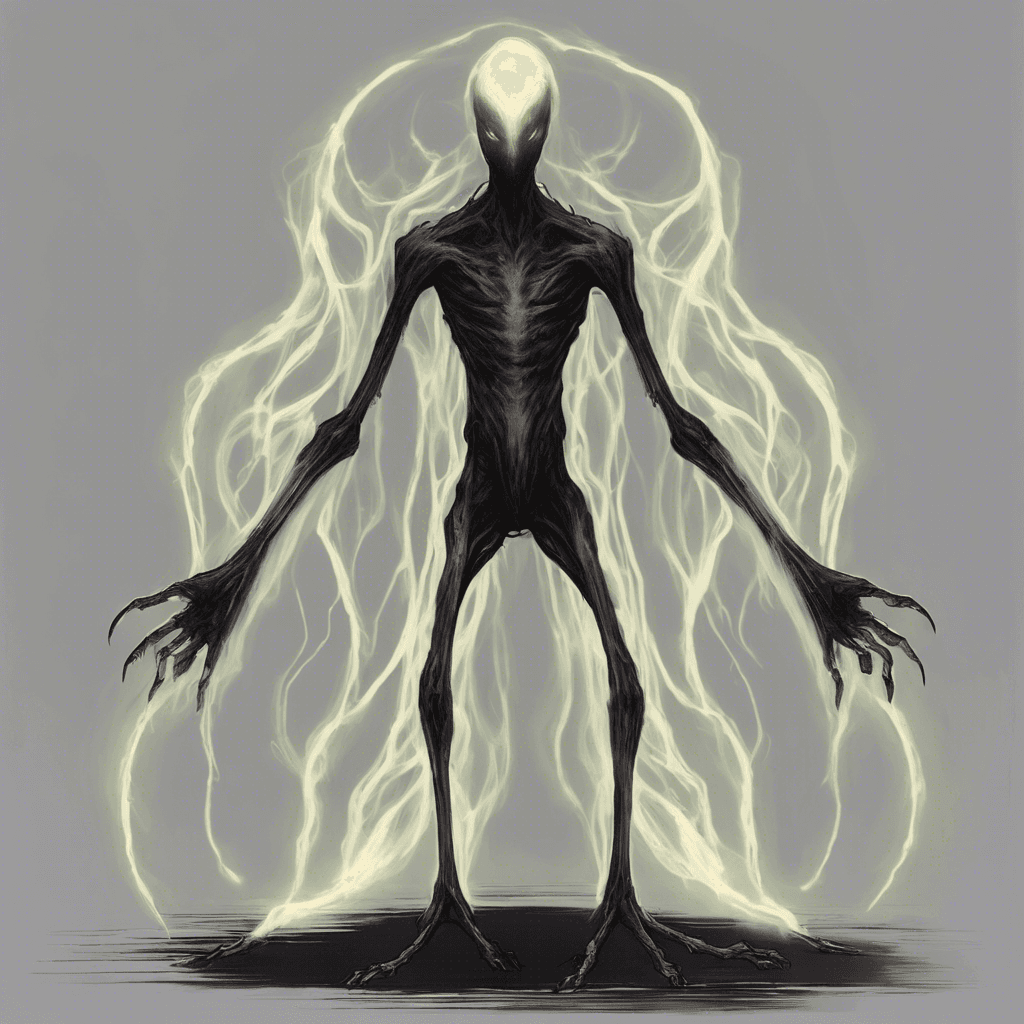 A spectral and translucent creature with elongated limbs and a shifting, amorphous form. It glows faintly with an eerie, otherworldly light and possesses eyes that are dark voids.