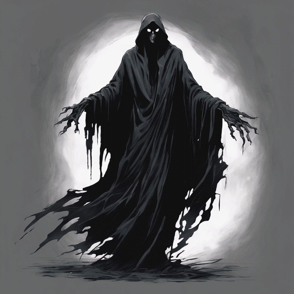 The Phantom Wraith is a ghostly figure cloaked in tattered black robes that seem to sway and float as if caught in an eternal breeze. Its hollow eyes glow with an otherworldly light, and its chilling presence sends shivers down your spine.