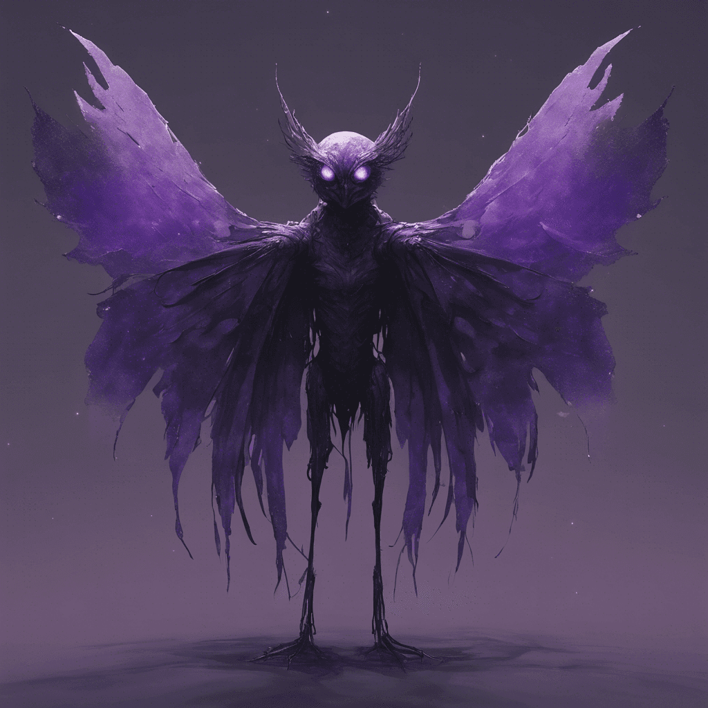 A semi-transparent entity with tattered wings that flicker with an eerie purple glow. Its eyes are dark voids, and its form shifts and shudders like a shadow under moonlight.