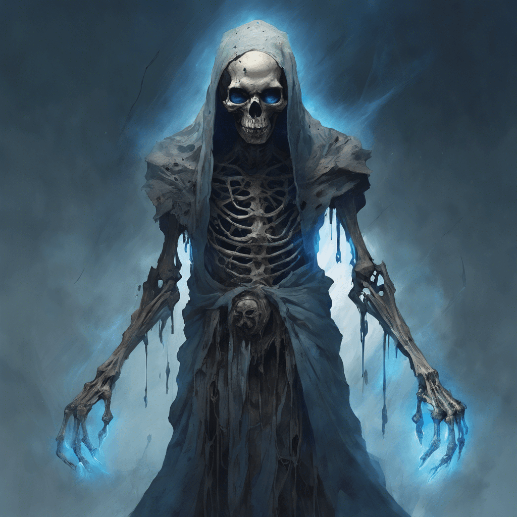 An imposing figure, draped in tattered robes that barely conceal its gaunt, skeletal frame. Its hollow eye sockets flare with an unnatural blue light, and its hands crackle with dark energy.