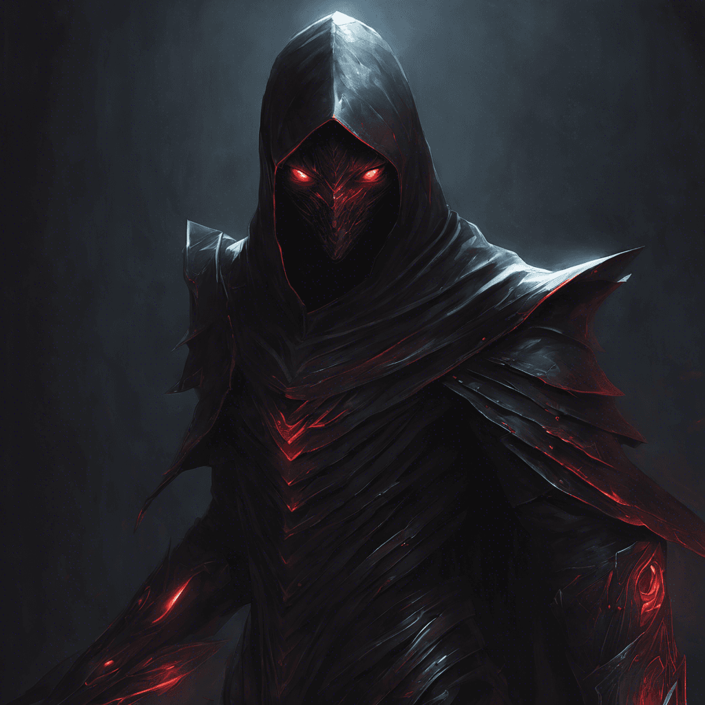 A sleek, humanoid figure cloaked in dark, shimmering armor that seems to blend seamlessly into the shadows. Its glowing red eyes pierce the darkness, reflecting its cold and calculated nature. This assassin moves with deadly precision, striking swiftly and silently.