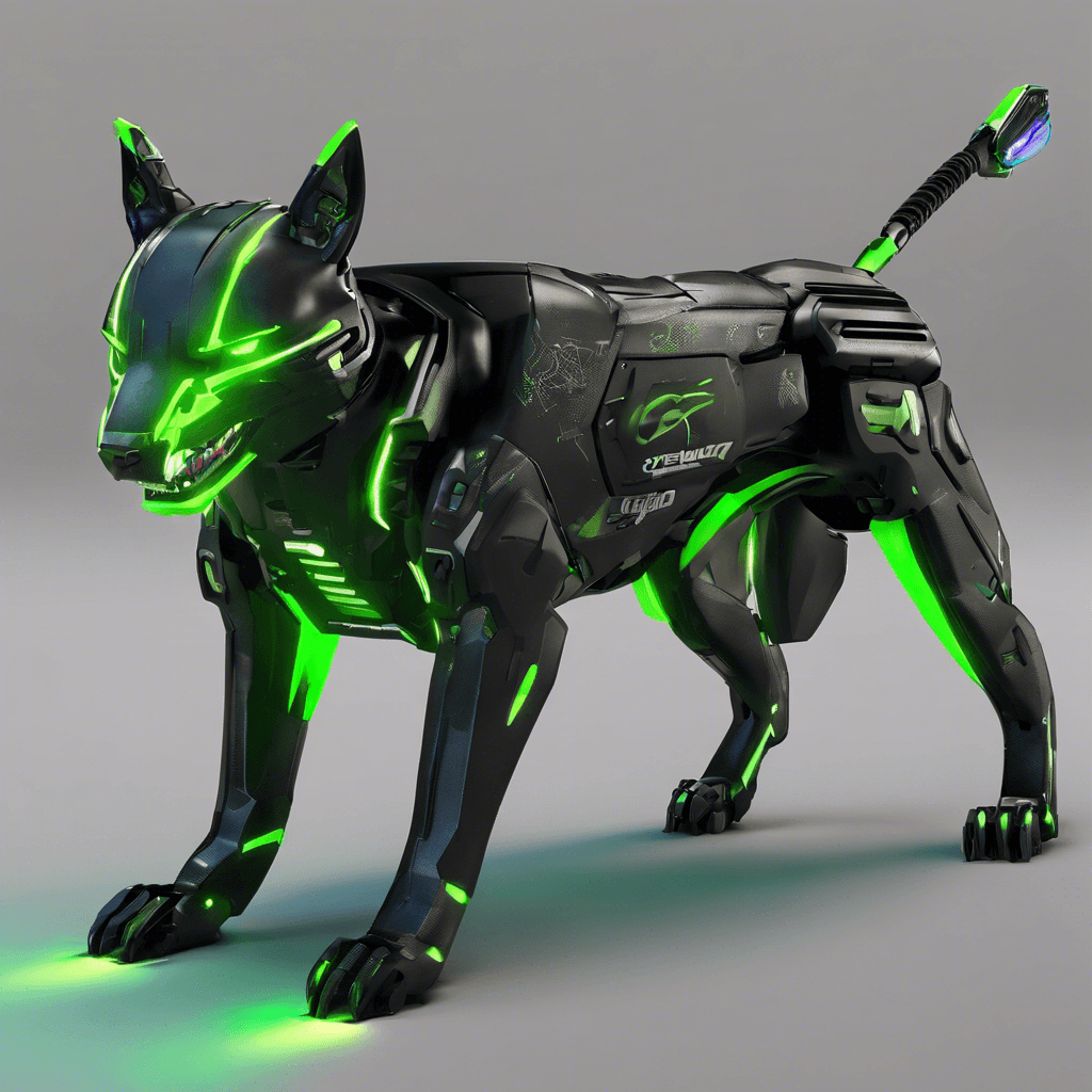 Battle-scarred, with neon green optics and sleek black metallic body, the Cyberhound has an array of cybernetic enhancements including razor-sharp teeth, enhanced audio sensors, and a tail that ends in a deadly blade.