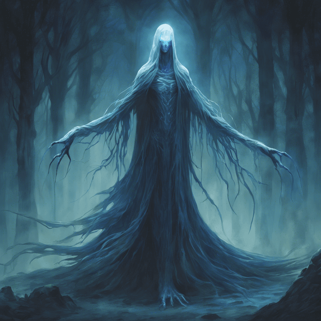 A spectral figure, the Echo Wraith is a semi-transparent entity radiating a soft, ethereal blue light. Its elongated limbs end in sharp, claw-like appendages, and its face is a featureless, shimmering mirage.