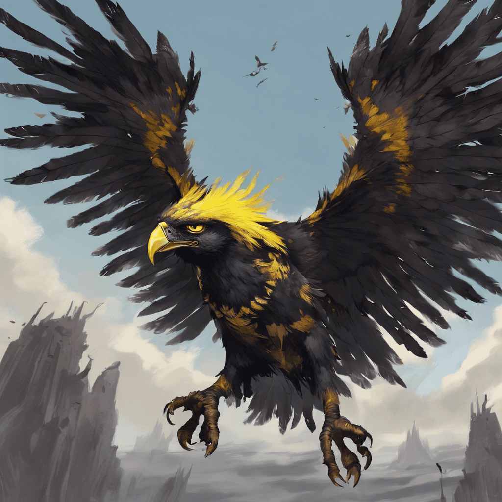 A fierce Grimwing Harpy, with dark mottled feathers, razor-sharp talons, and piercing yellow eyes, dives from the sky, exuding malevolence.