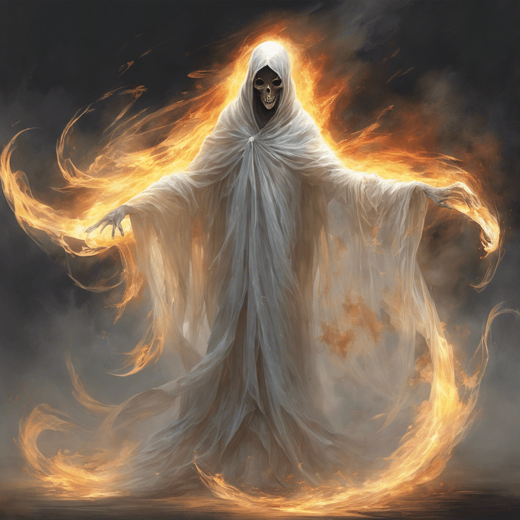 A ghostly apparition shrouded in ethereal flames, with hollow eyes that burn with an otherworldly light. Its semi-transparent form is draped in tattered robes that flutter as if caught in an invisible wind, and it wields a spectral scythe that seems to absorb the light around it.