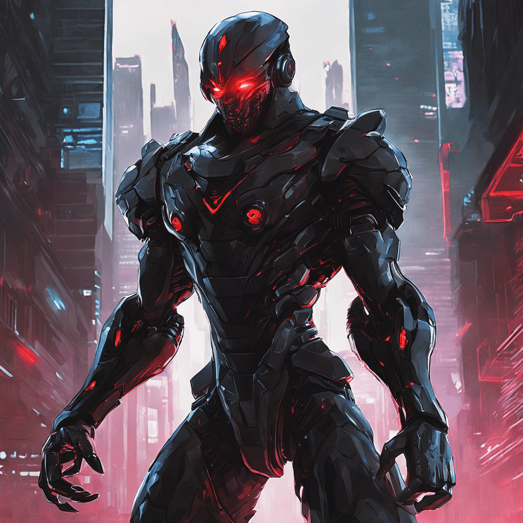 The Cyber Stalker is a menacing figure clad in sleek, black cybernetic armor. Its glowing red eyes scan the area with precision, while sharp metal claws extend from its fingertips. Its movements are swift and silent, blending seamlessly with the shadows of the cyberpunk cityscape.