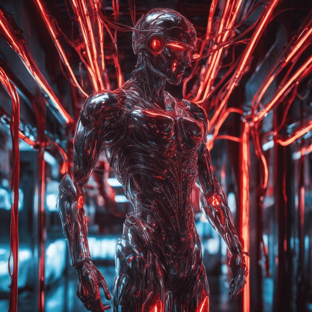 A humanoid figure with sleek chrome plating covering its body, reflecting the neon lights, with glowing red eyes and wires protruding like tendrils. It moves with alarming precision, its cybernetic enhancements humming with barely contained power.