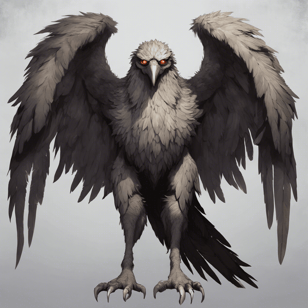 A large, imposing harpy with matted gray feathers, sharp talons, and eyes that gleam with a cunning intelligence. It has powerful wings that beat with a thunderous noise.