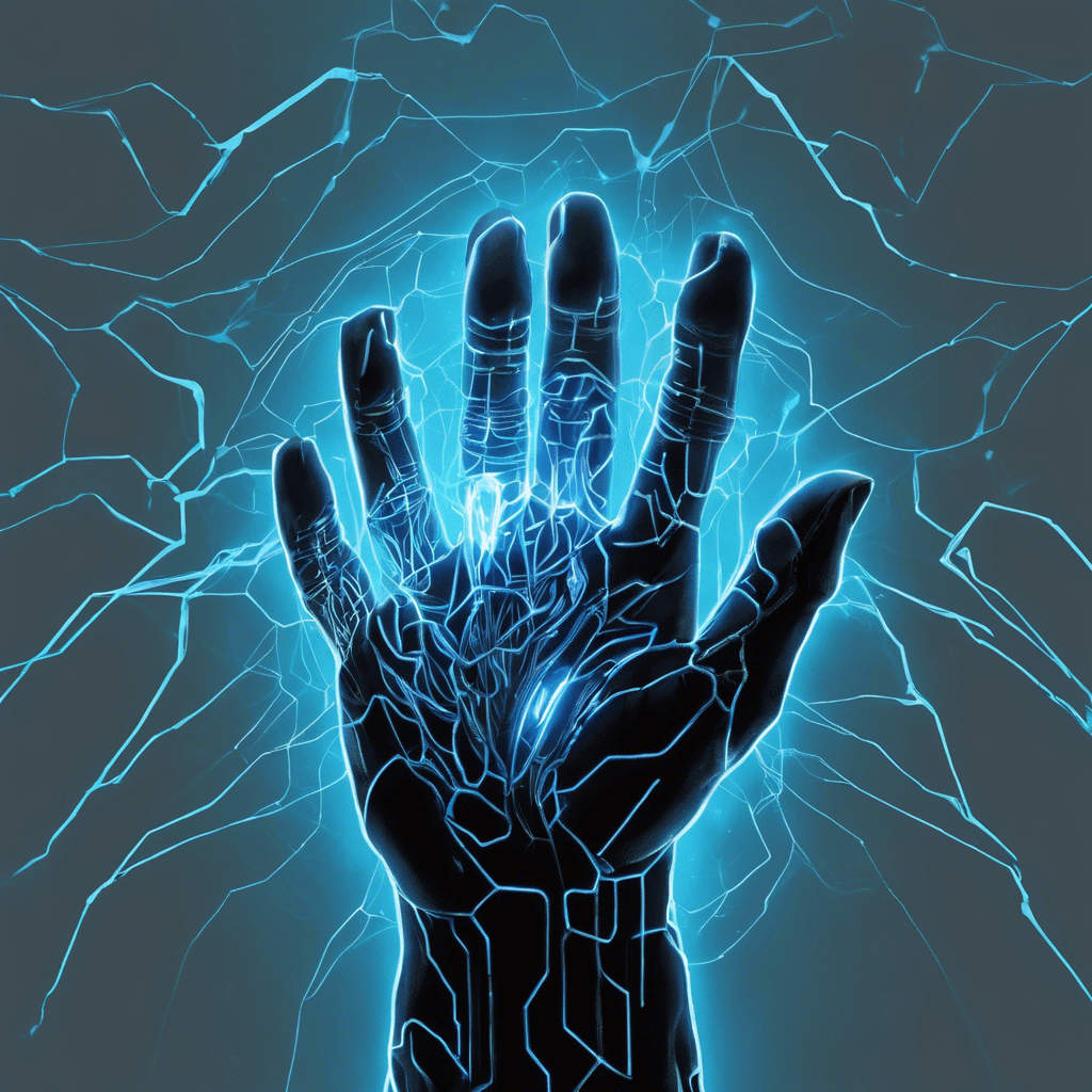 A hulking silhouette with translucent neon blue 'skin', flickering with data streams. It has gleaming cybernetic enhancements visible beneath its surface and arcs of electricity crackling between its fingers. Its eyes are hollow, glowing with a sinister light.