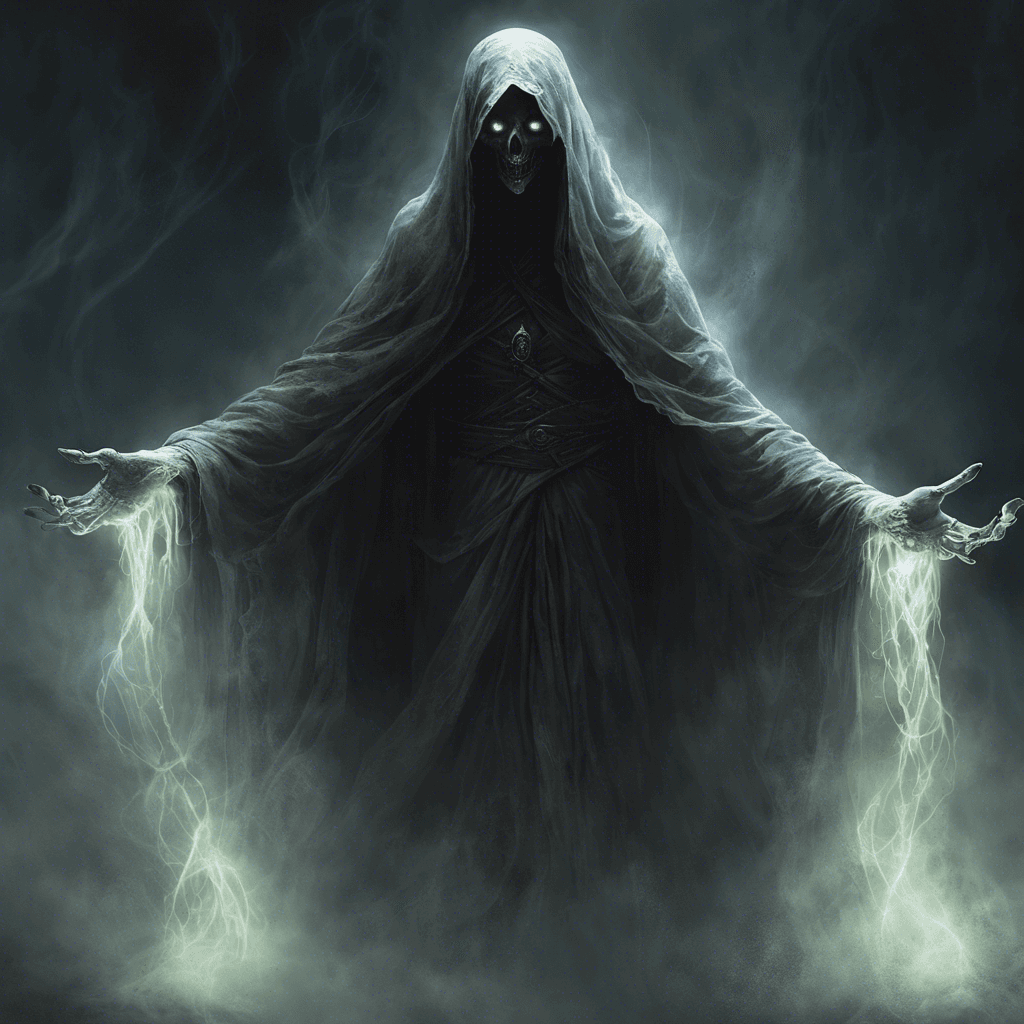 A spectral figure shrouded in tattered robes, its body a swirling mass of dark mist. Glowing eyes pierce through the shadows, and ghostly hands clutch at the air as if grasping for life.