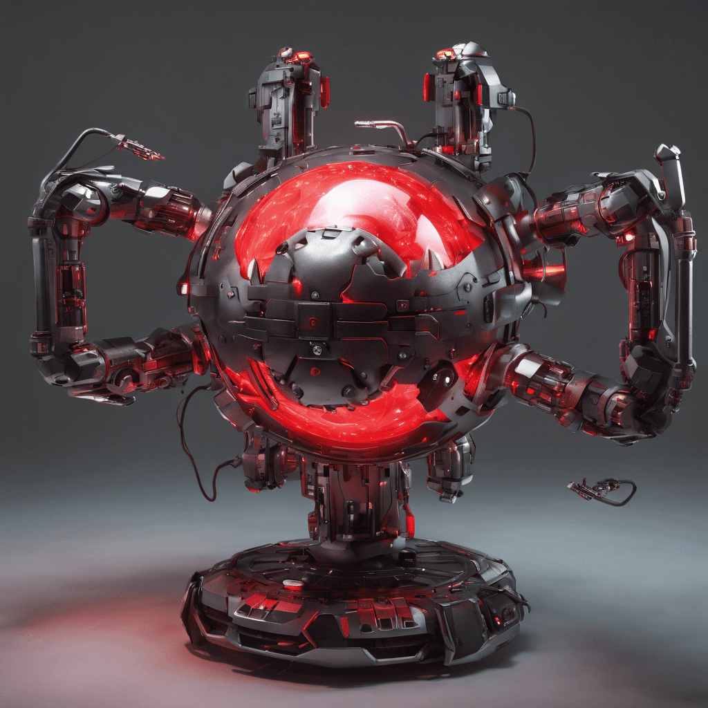 A floating orb of steel with glowing red sensors and multiple retractable arms, each equipped with various hacking tools and offensive weaponry.