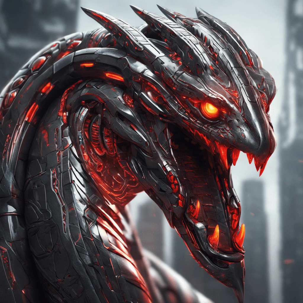 A sleek, metallic serpent-like creature with glowing red cybernetic eyes and sharp, retractable claws. Its body is covered in intricate circuitry patterns, and it moves with unnatural speed and agility.