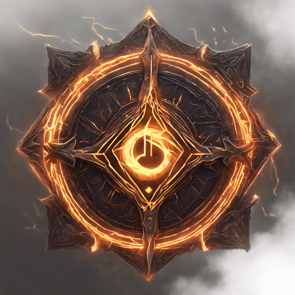 A glowing glyph-like entity, pulsing with energy and crackling with arcane electricity, hovers in the air. Its form is jagged, shaped like an intricate rune, with a core that burns like a neon sun.