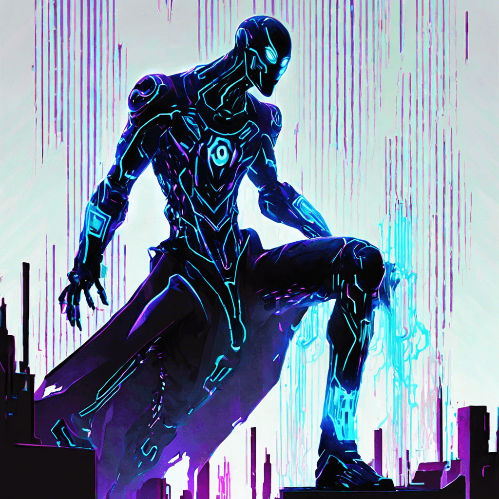 The GhostByte is a sleek, shadowy figure with glowing blue cybernetic enhancements all over its body. Its eyes scan the area with a cold, calculating gaze, ready to strike at any moment. Its movements are swift and silent, blending into the neon-lit landscape of NeonDusk.