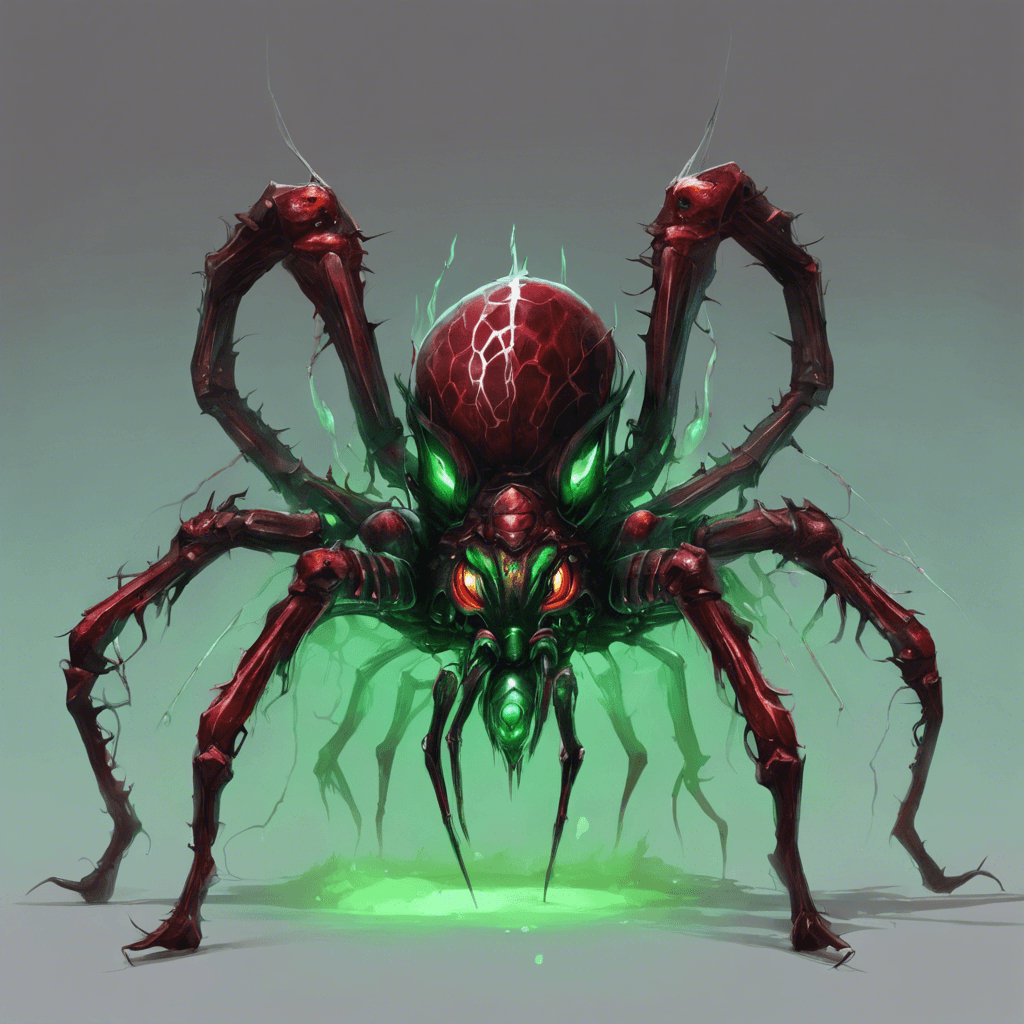 A massive arachnid with a glistening obsidian exoskeleton, eyes glowing crimson, and lethal-looking fangs dripping with a sickly green poison.