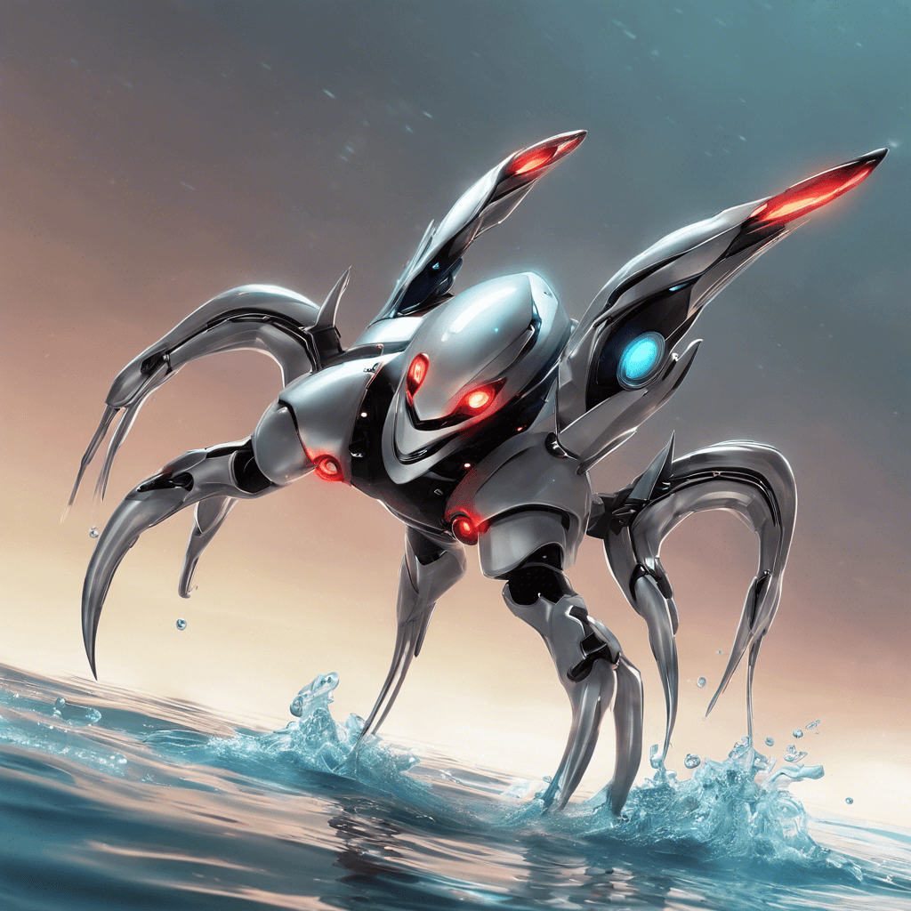 A sleek, silver aquatic robot with elongated arms ending in razor-sharp claws, glowing red eyes, and a streamlined body allowing for swift movement through the water.