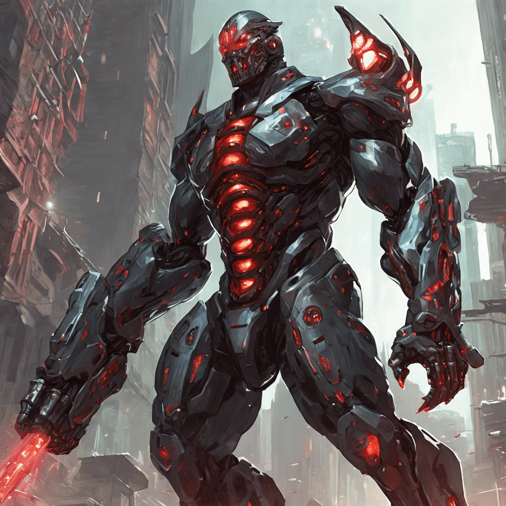 The Cybernetic Enforcer is a heavily augmented humanoid figure, towering over Viper with glowing red cybernetic eyes and armor plating covering its body. Its cybernetic limbs whir with deadly precision, ready to strike at a moment's notice. Integrated weapons systems hum ominously, indicating a formidable foe.