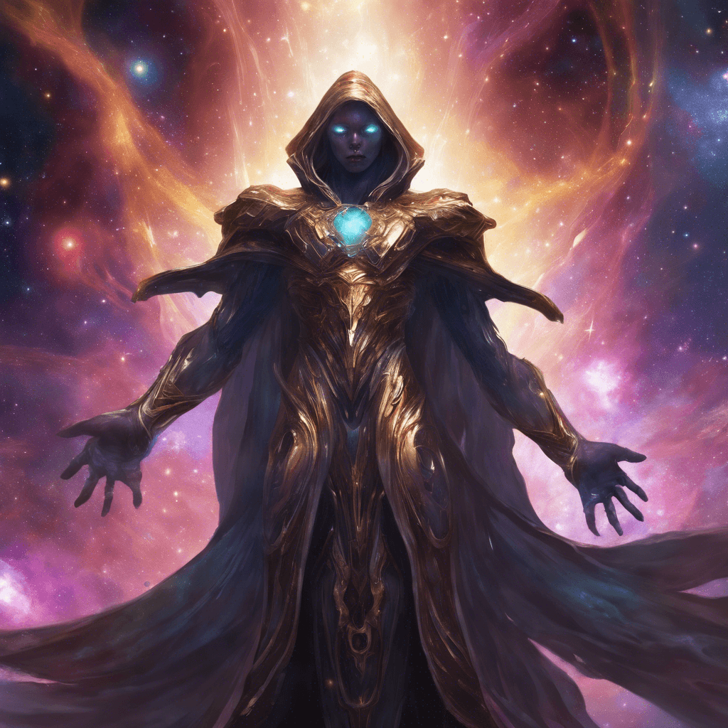 The Nebula Reaver is a towering figure draped in shimmering cosmic robes, its body seemingly made of swirling galaxies and twinkling stars. Its eyes gleam with an otherworldly intelligence, and its movements are graceful yet deadly.