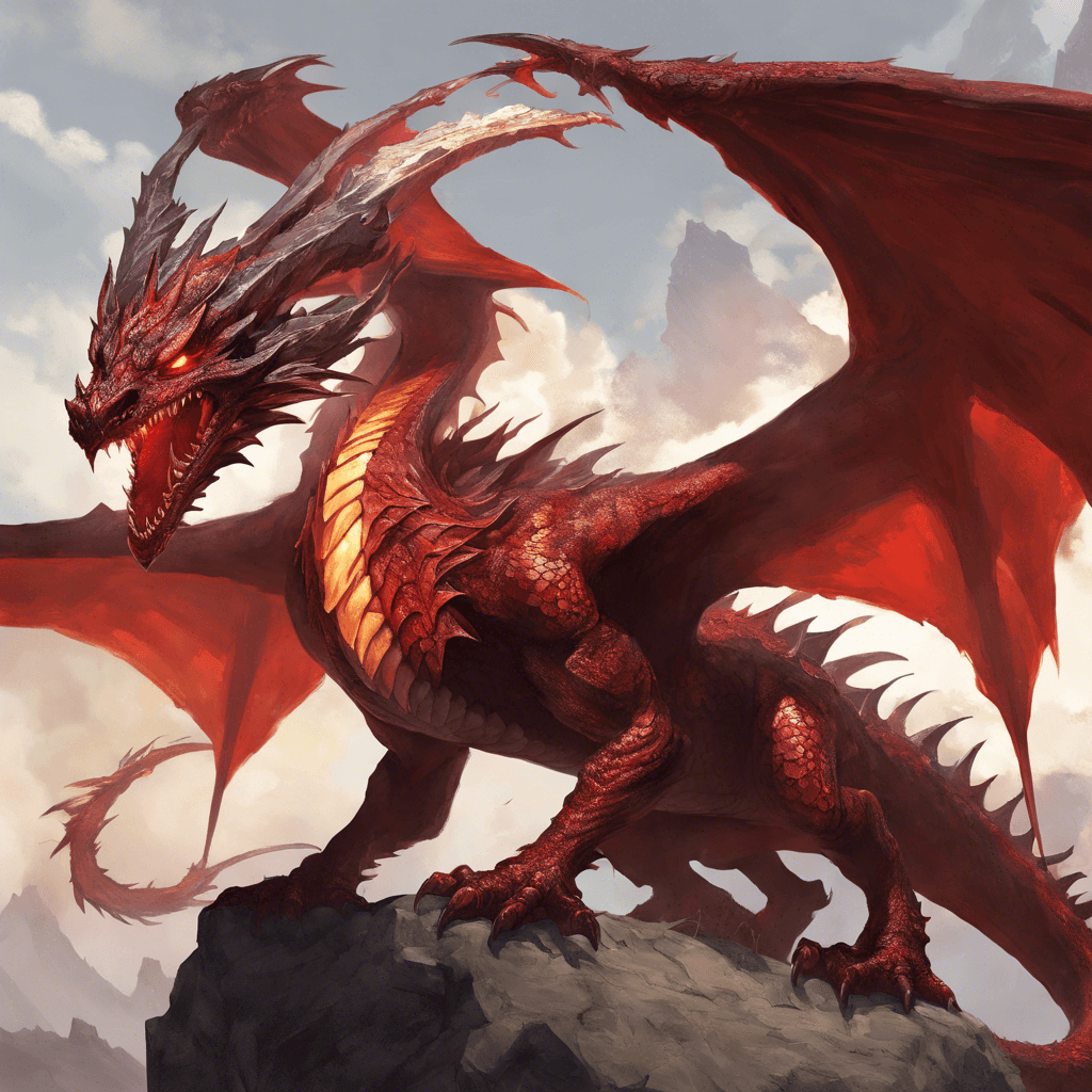 A massive, scaled dragon with smoldering, ruby-red hide. Its eyes gleam like molten gold, and plumes of white-hot flame flicker between its dagger-like teeth. Its leathery wings unfold with ominous grace, casting a shadow that swallows the sun.