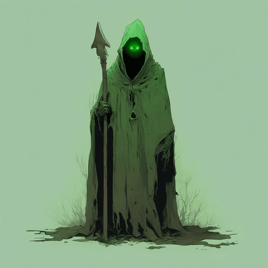 A spectral figure draped in tattered funeral garb, its face obscured by the hood of its cloak. Eerie green light emanates from the empty hollows where its eyes should be, and one hand clutches a rusted, ancient spade.