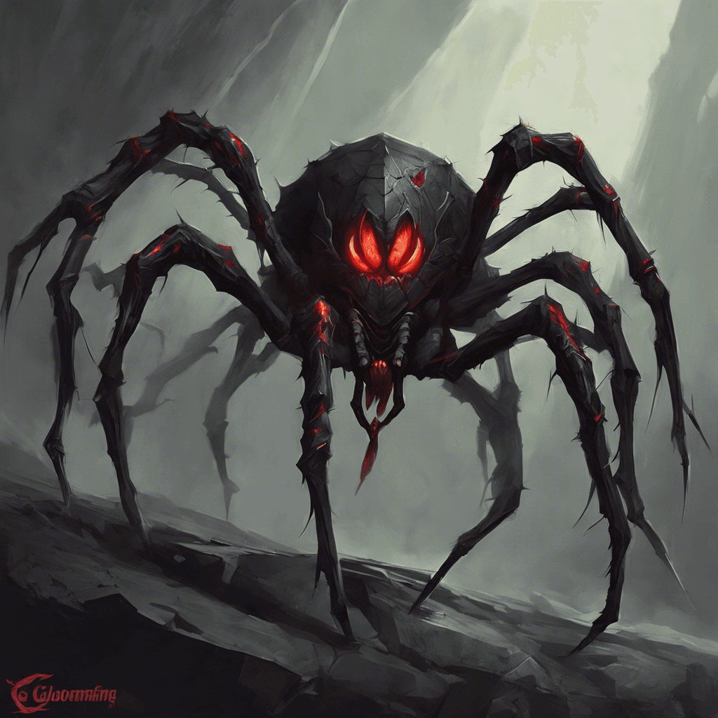 The Gloomfang Spider is a gargantuan arachnid, with ebony chitinous armor and eight glowing red eyes arranged in a haunting pattern above its sharp, venom-dripping fangs. Its legs are long, barbed, and capable of swift, predatory movements as it skitters across the walls and ceiling of the dark mine.