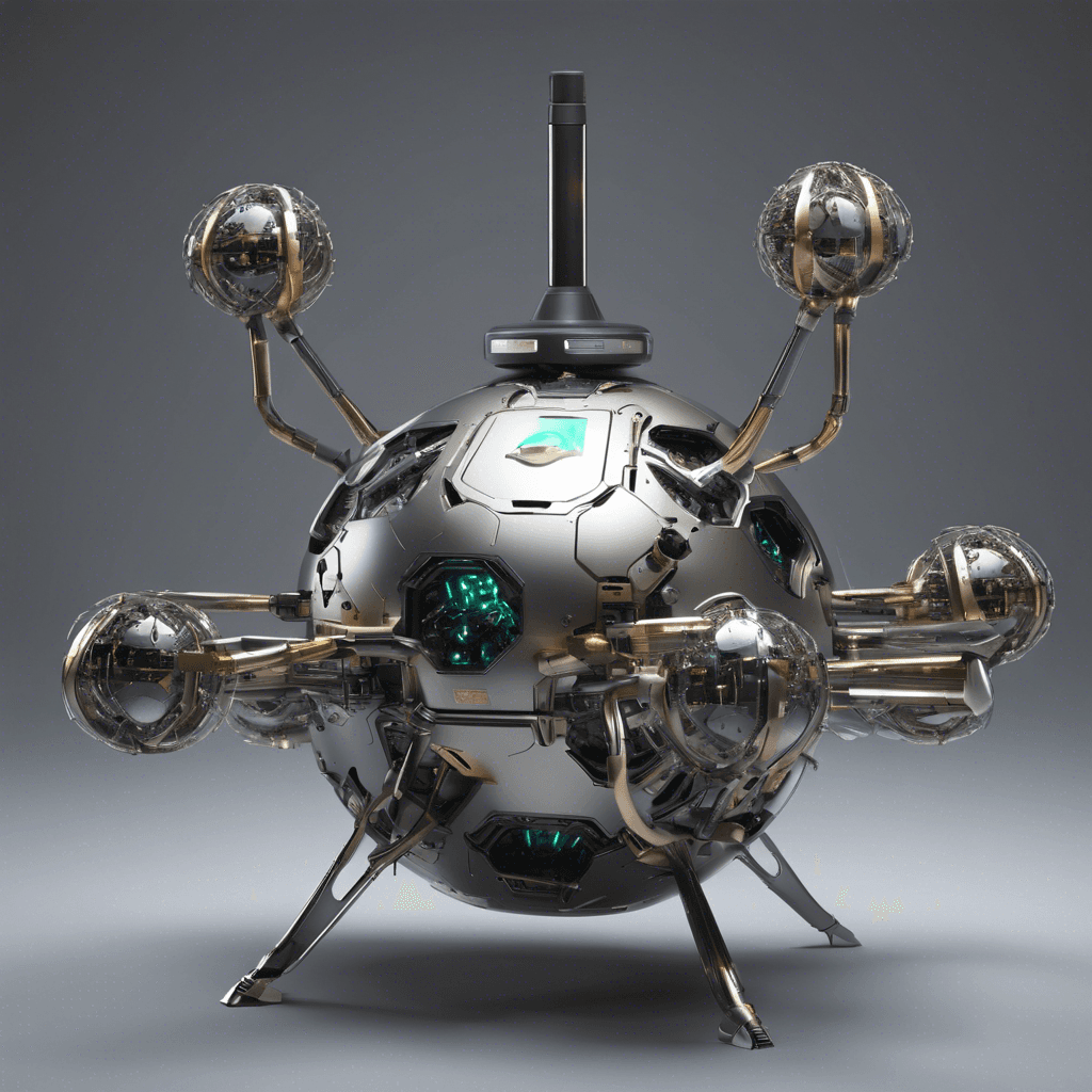 A spherical drone with a metallic surface, equipped with several sensor arrays, pulsing energy weapons, and rapid propulsion jets.