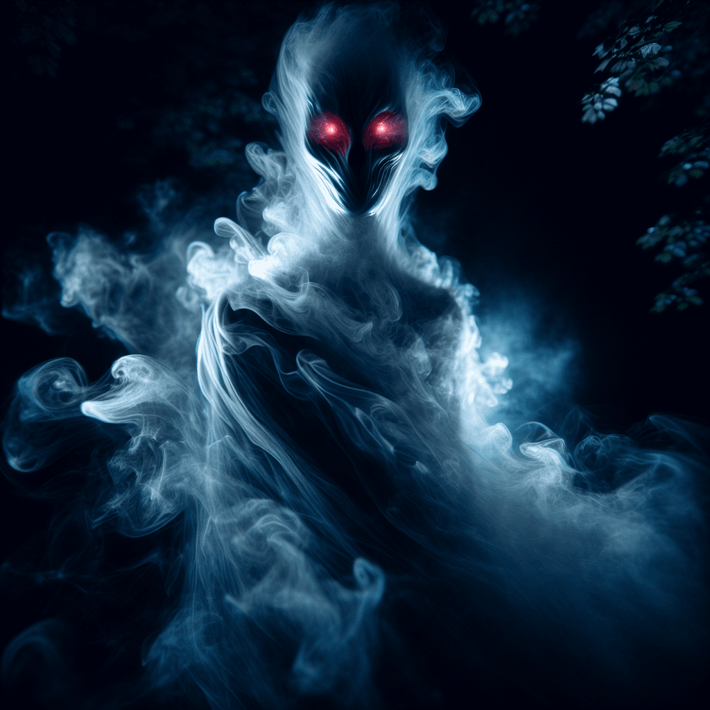 A ghostly figure shrouded in ephemeral, silver-blue mist, with piercing red eyes that glow in the darkness of the night. Its spectral form is flowing and partly translucent, revealing glimpses of the forest through its essence.