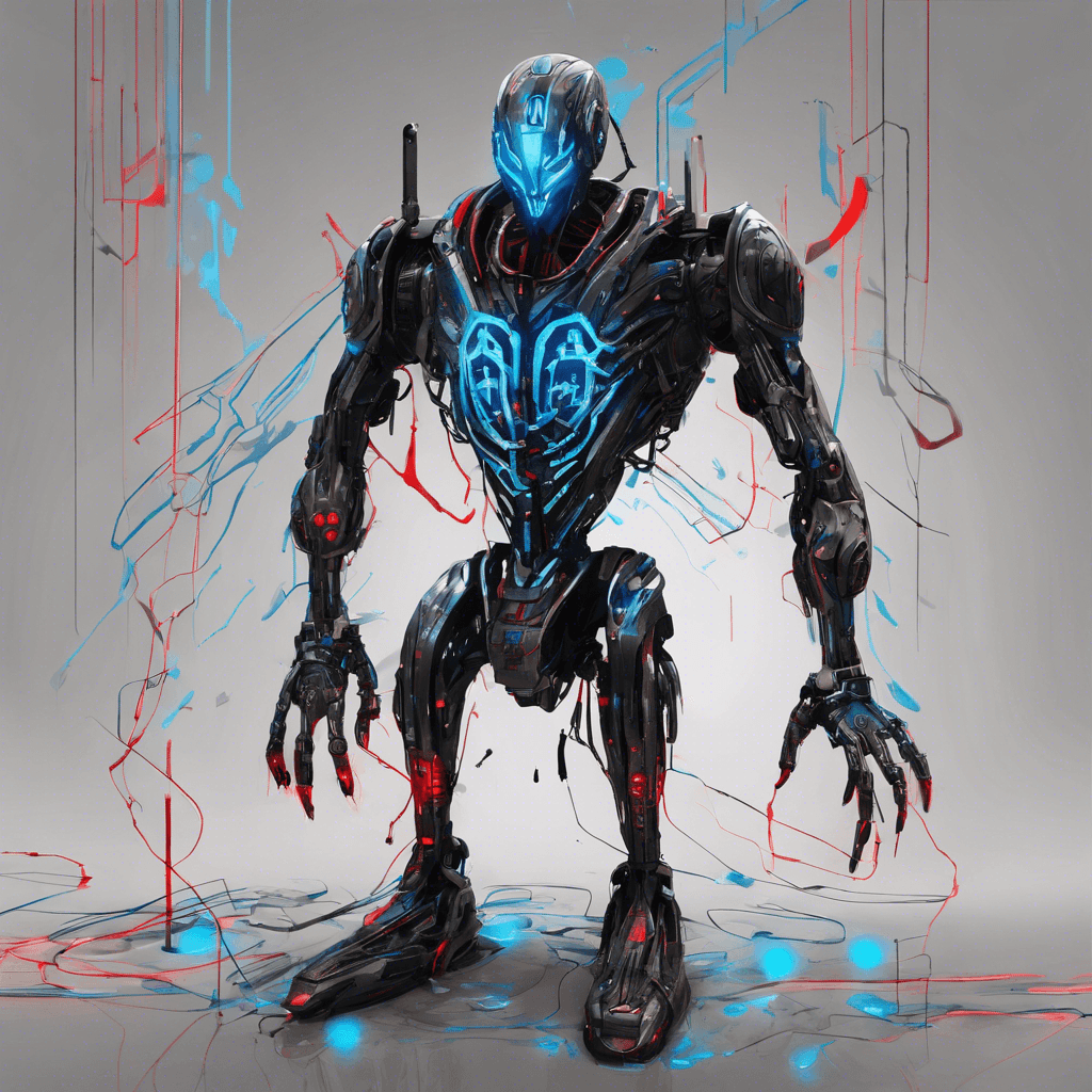 A towering humanoid automaton, covered in scuffed and graffitied black plating, with glowing neon blue lines tracing its contours like veins. It has a sleek cybernetic head with red scanning eyes, and arms that can morph into various weapons.