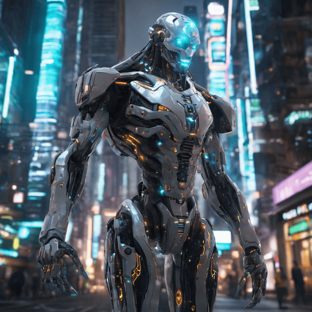 A towering, heavily augmented humanoid with glowing cybernetic implants embedded in its skin. Its eyes are replaced with digital displays showing targeting information, and its limbs are adorned with retractable blades and plasma cannons.