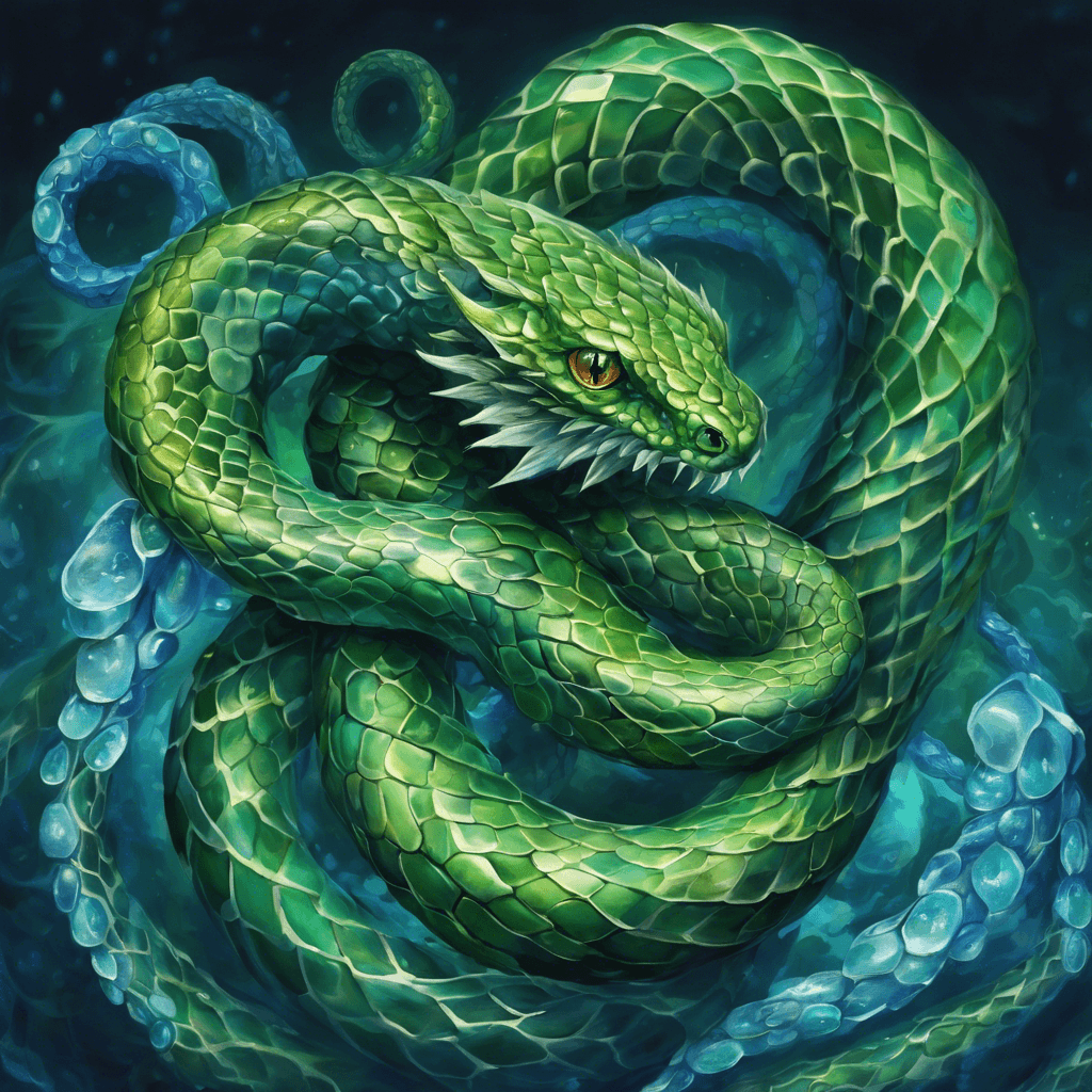 A slithering serpent with scales that shimmer between various shades of green and blue as if mimicking the flow of water. It has sharp, piercing eyes and several tendrils of water spiraling around its form.