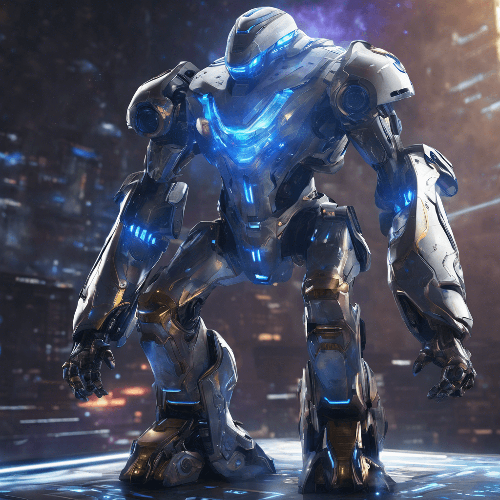 The Nebula Sentinel is a towering robotic guardian, adorned in shimmering armor embedded with swirling cosmic energy. Its visor emits a piercing blue light, scanning its surroundings with precision. This advanced AI protector hovers gracefully, ready to defend its domain against any intruders.