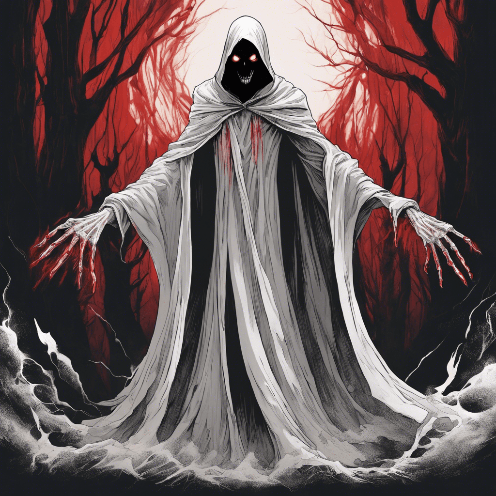 A cloaked figure with pale skin and glowing red eyes, emanating an aura of malevolence. Its long, bony fingers reach out from beneath its tattered cloak, ready to drain the life force of its victims. The air grows cold and spectral whispers fill the room as it approaches, leaving a trail of darkness in its wake.