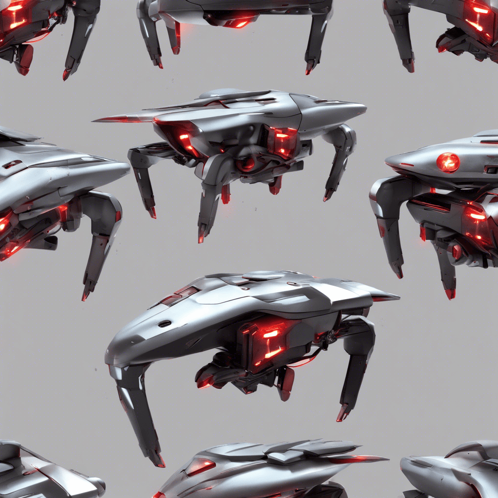 A sleek, silver robotic drone with glowing red optic sensors. It hovers in the air, emitting a low hum as it scans its surroundings. Its metallic exterior is adorned with various weapons and sensors, making it a formidable adversary.