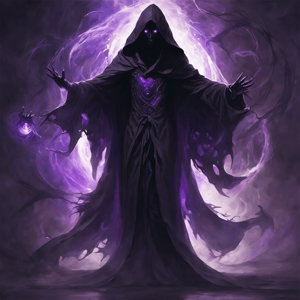 A hooded figure with ethereal form, eyes glimmering with purple eldritch light. Its robes, blacker than the darkest night, flutter as though caught in an otherworldly breeze. Shadows coalesce around its hands, ready to be shaped into malevolent spells.