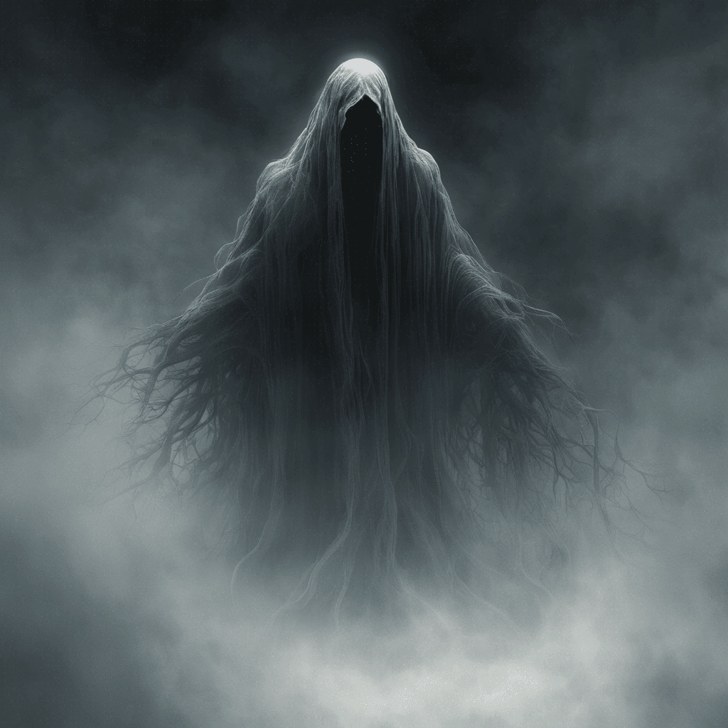 The Specter of the Unseen is a ghostly figure shrouded in mist and darkness, its form constantly shifting and flickering as if struggling to maintain its shape in the mortal realm. Its eyes glow with an eerie light, and its icy touch chills the air around it, sending shivers down the spine of any who dare to look upon it.