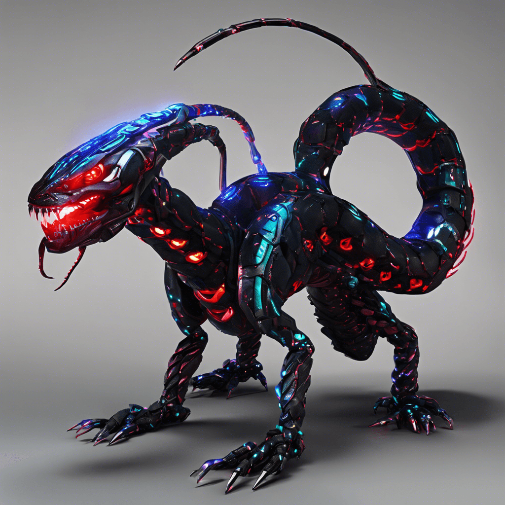 The Cyber Serpent is a sleek, sinuous robotic creature covered in sleek, metallic scales that shimmer with neon lights. It moves with lightning-fast speed, its sharp fangs dripping with venomous cybernetic enhancements. Its glowing red eyes pierce through the darkness of the neon-soaked streets.