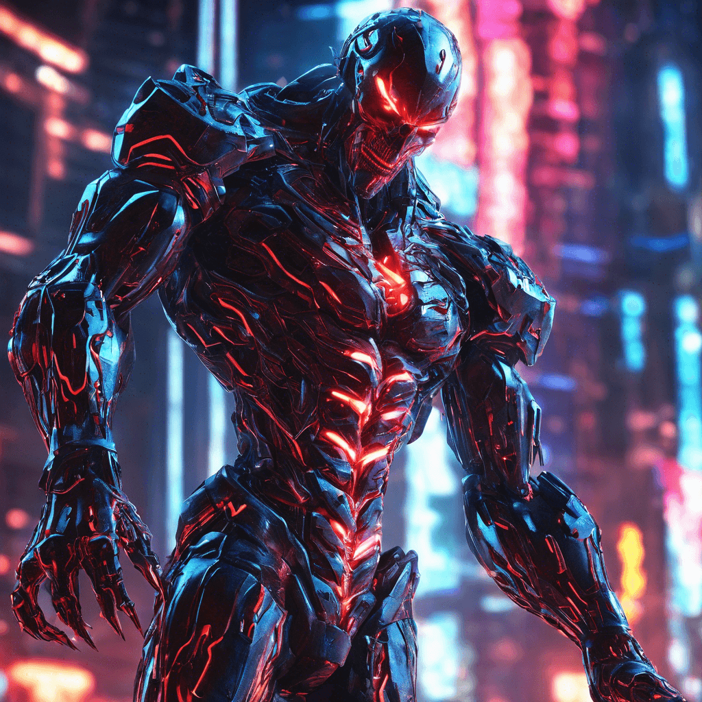 A towering figure of cold steel and flickering holograms, Razorwire stands menacingly, exuding an aura of menace. His body is a patchwork of industrial-grade cybernetics, pulsing neon veins run under metallic skin, while his eyes glow with a predatory red light.