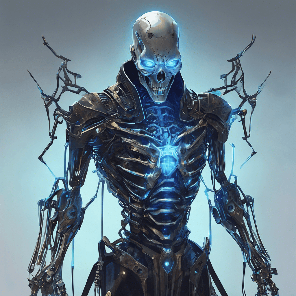 A menacing android with a skeletal metal frame, glowing neon circuitry, and a cloak of digital shadows. It has a humanoid appearance, with elongated limbs and razor-sharp fingers. Its eyes are hollow sockets exuding a faint blue light.