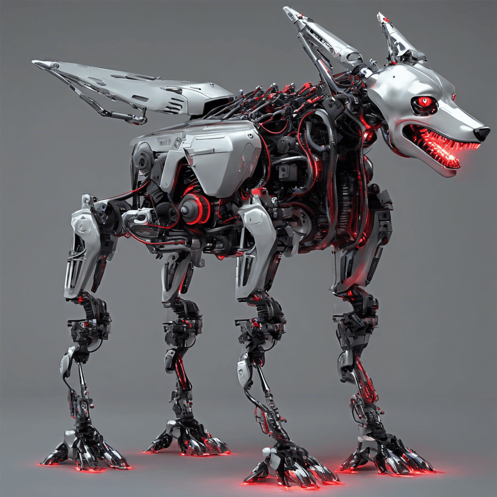 A quadrupedal robot, its sleek metallic body is equipped with an array of sensors and glowing red optics. The Cyberhound moves with a predatory grace, cables and hydraulics whirring softly with each calculated step. Its jaws are a complex array of interlocking gears and sharp metal teeth, dripping with synthetic coolant.