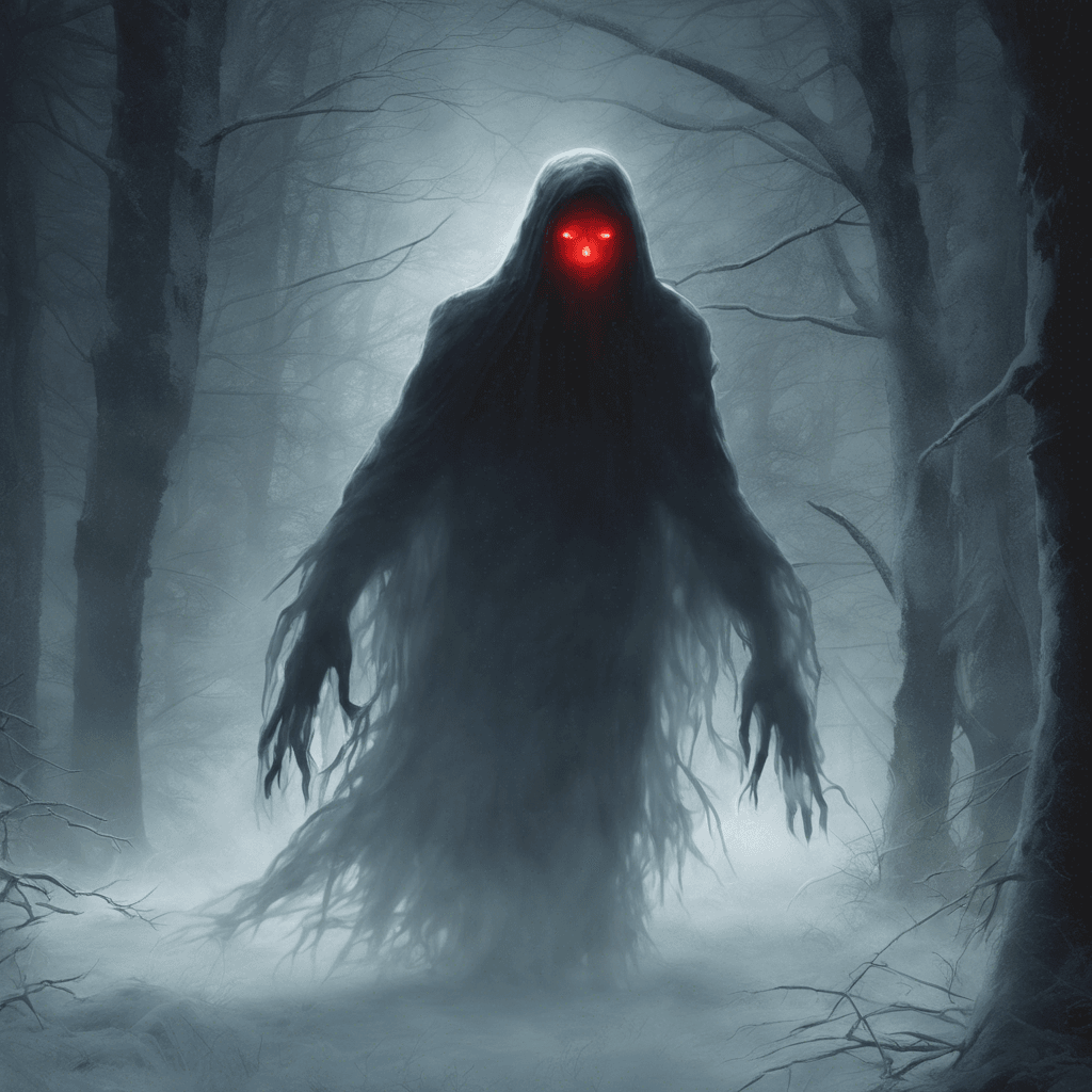 The Phantom Stalker is a spectral entity that appears as a shadowy figure with glowing red eyes, moving silently and swiftly through the darkness. It emits an aura of chilling coldness that freezes the air around it, leaving a trail of frost in its wake.