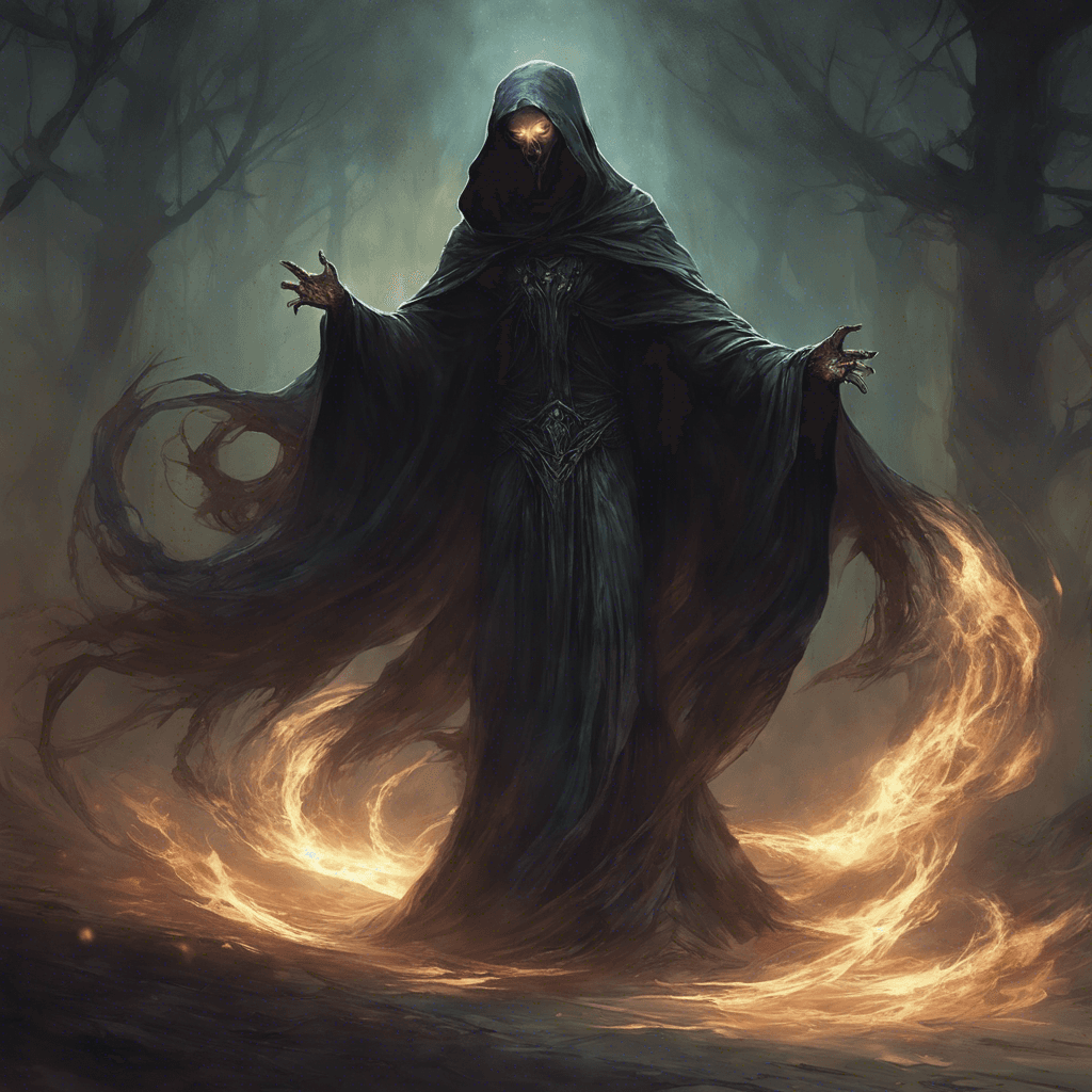 A spectral apparition, the Whispering Wraith, shimmers into existence before Sithis. Shrouded in torn, ethereal robes that flutter in an unfelt wind, its face is a hollow void save for two piercingly bright eyes. Drifting slightly above the ground, its form flickers like a flame on the verge of being snuffed out.