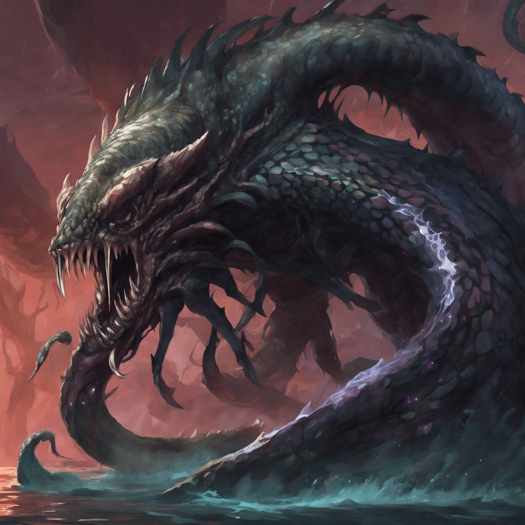 A towering creature with obsidian scales and void-like eyes, Agarak has a gaping maw that seems to absorb the light around it. Tentacle-like appendages tipped with arcane energy writhe from its back, seeking any source of magic to consume.