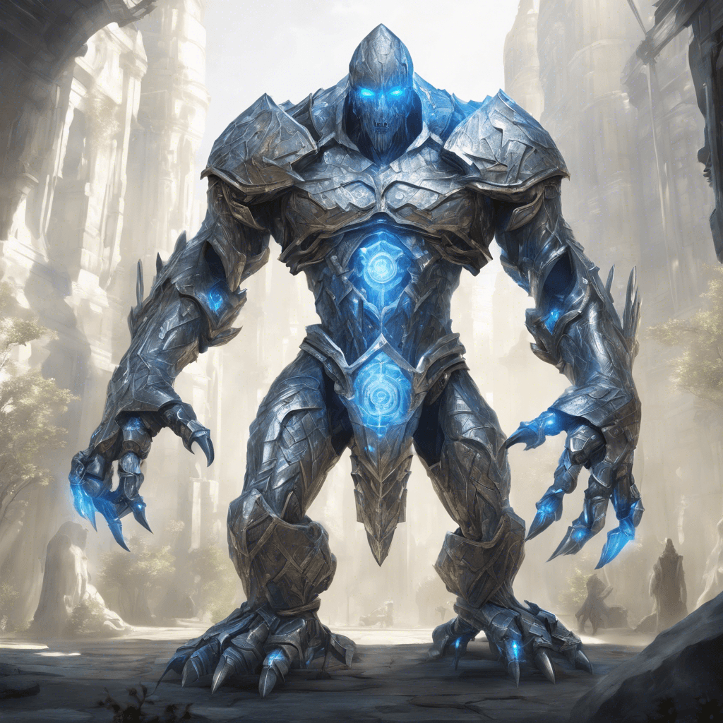 A towering golem made of gleaming silver, with runes etched into its metallic skin. It has a humanoid shape with eyes that glow with a piercing blue light. Its arms are sculpted into elegant but deadly blades, and its movements are both graceful and precise.